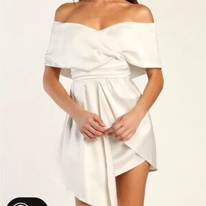 Lulus Always Celebrating Ivory Satin Off-the-Shoulder Mini Dress